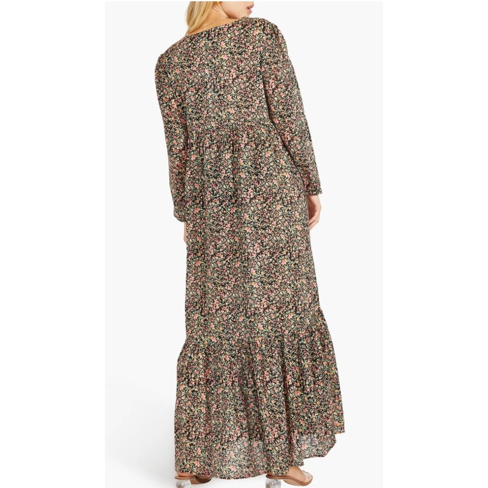 BB Dakota Steve Madden Floral Cotton Maxi Dress XS Black Pink Tiered V-Neck Boho - Picture 2 of 16